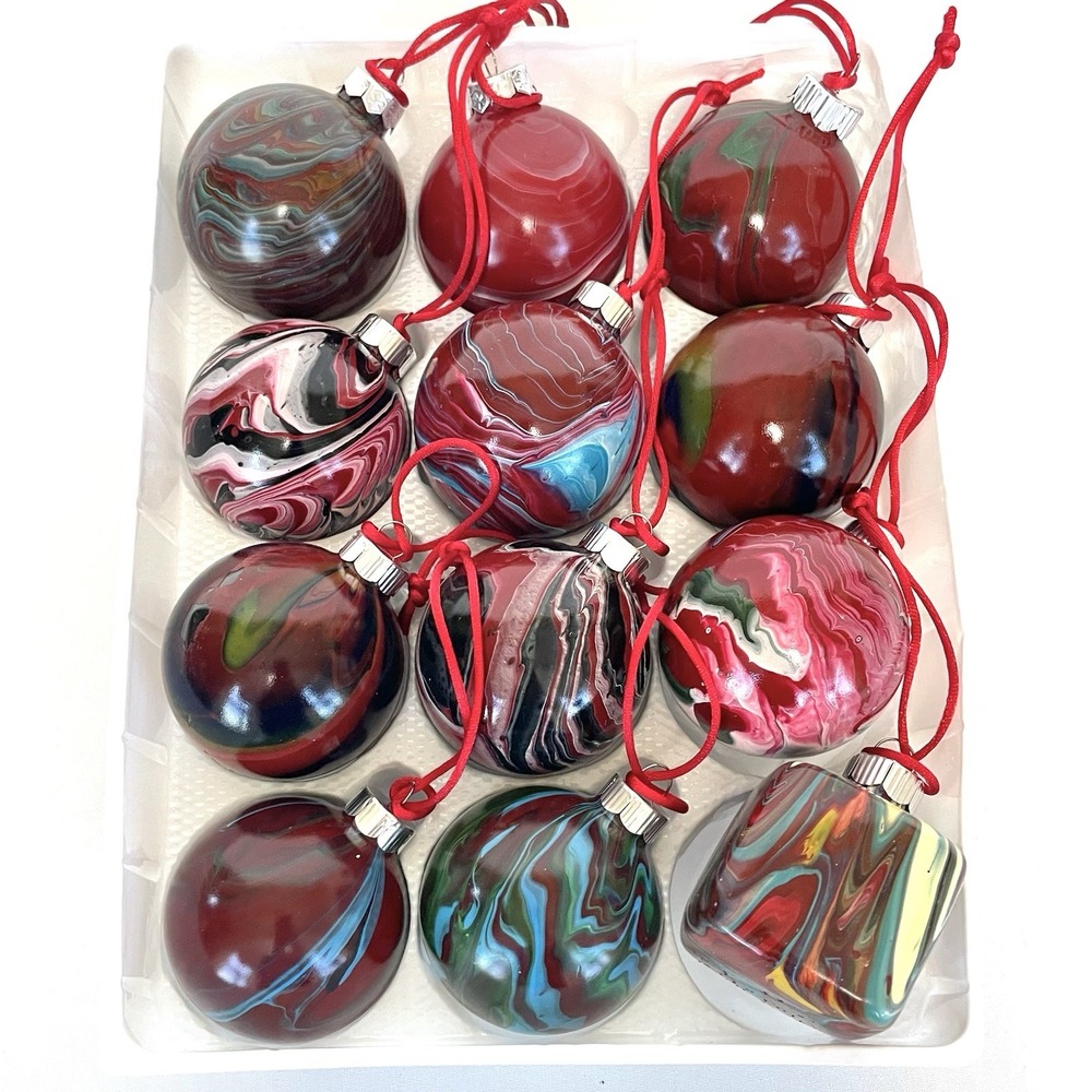 Handcrafted Glass Christmas Ornaments Set of 12 Marbled Paint Pour Red Blue